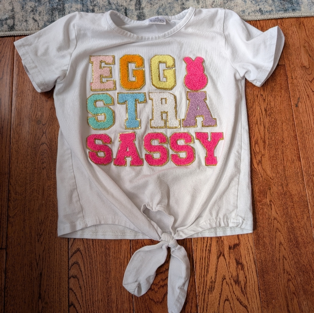 Sparkle In Pink "Eggstra Sassy" Chenille Patch Tie Front T-shirt Size 3XL (8-9)